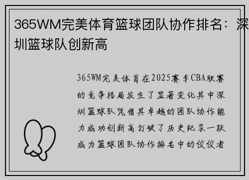 365WM完美体育篮球团队协作排名：深圳篮球队创新高